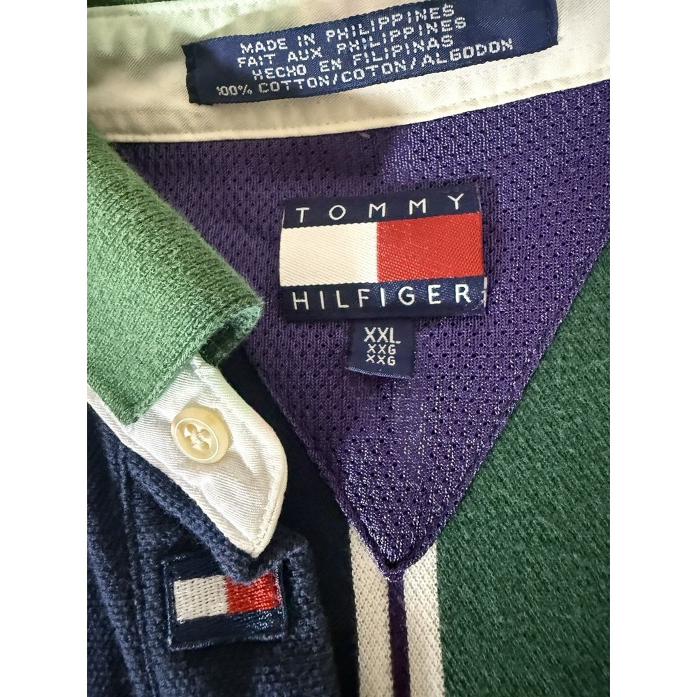 VINTAGE Tommy Hilfiger Shirt Adult XXL Green Purple Vertical Rugby Stripe Mens - Picture 4 of 7